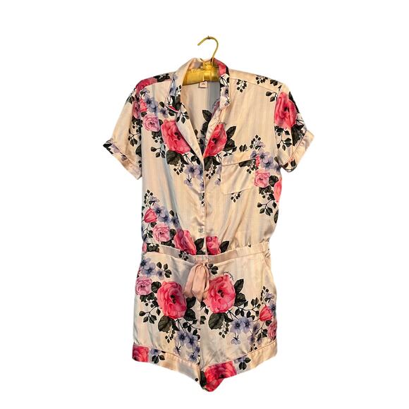 Victoria's Secret Satin Feel Pink Playsuit-romper Floral Striped M Roses Ribbon - Picture 1 of 10